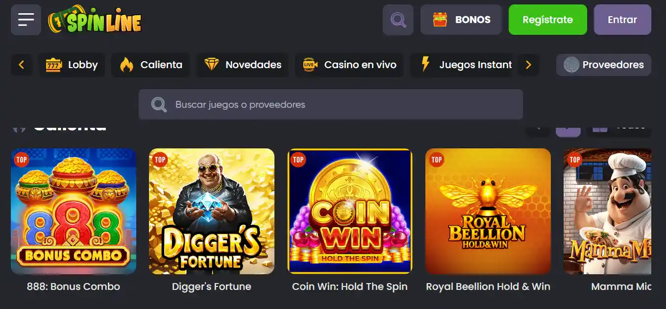 Lobby de juegos de Spinline con categorías de casino y varios títulos visibles