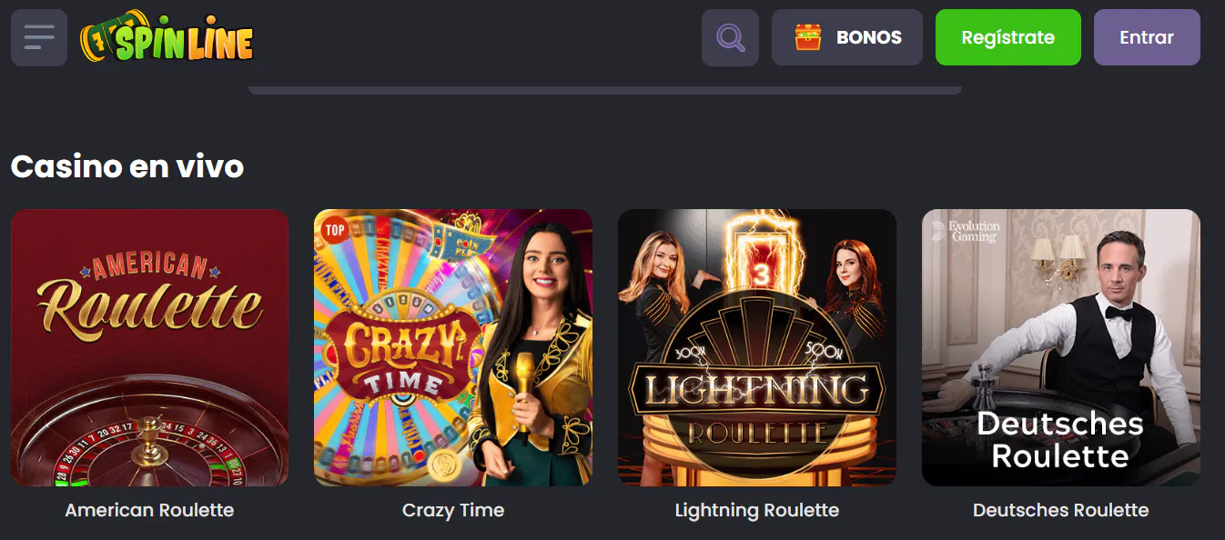 Sección de casino en vivo de Spinline con varias mesas y categorías visibles