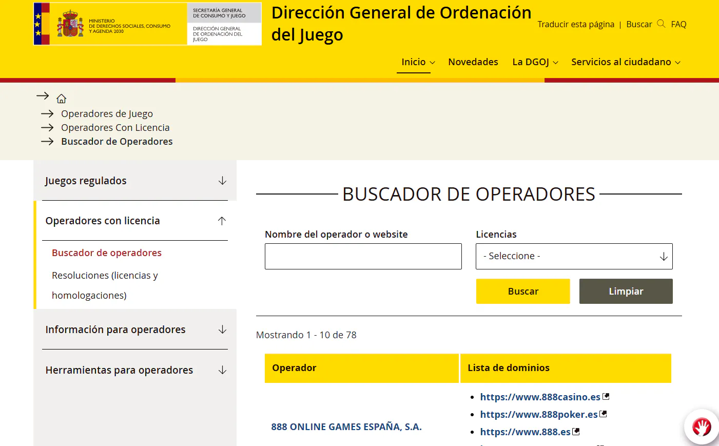 Registro oficial de operadores utilizado para comprobar la situación de licencia relacionada con Spinline
