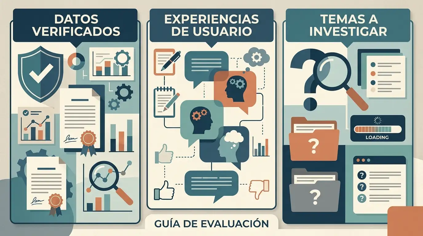 Tres columnas que separan hechos comprobables, experiencias de usuarios y puntos que conviene revisar antes de jugar