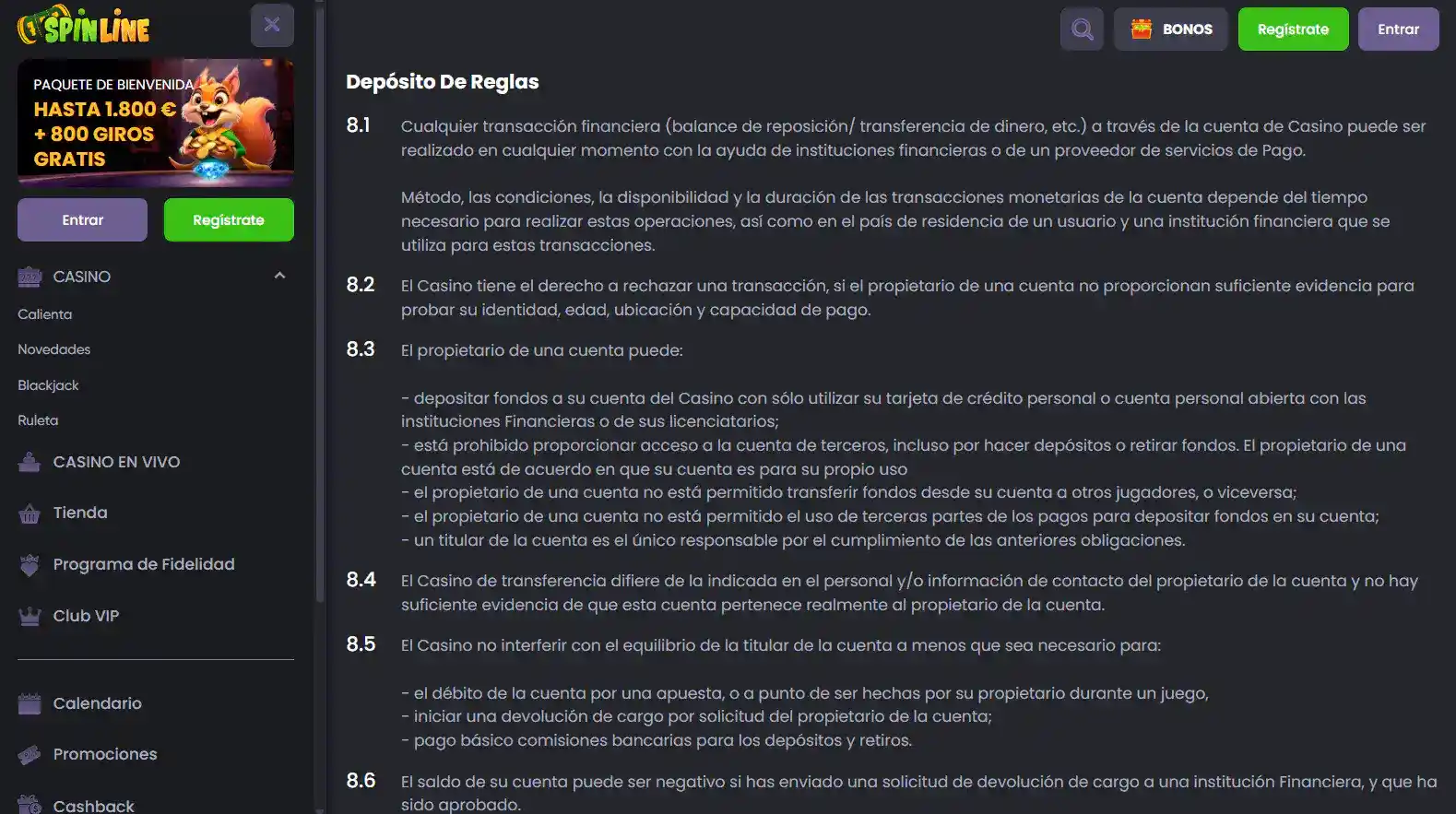 Cajero de Spinline con varias opciones de depósito y sus importes visibles