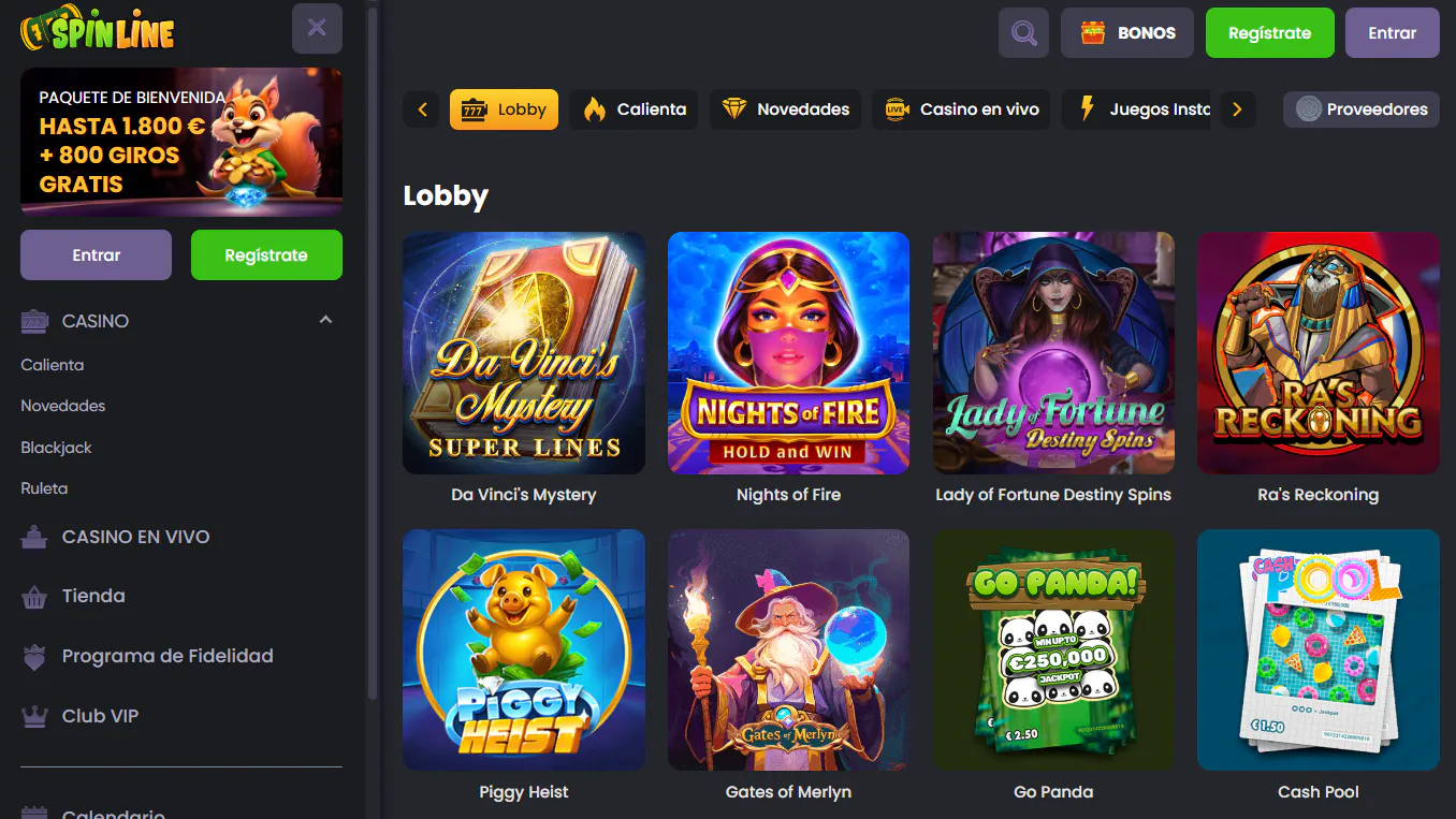 Página principal y lobby de Spinline Casino