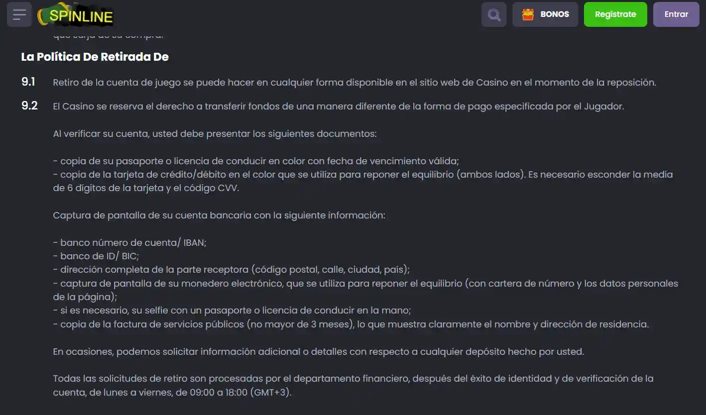 Pantalla de retirada de fondos de Spinline con las opciones de cobro disponibles en la cuenta